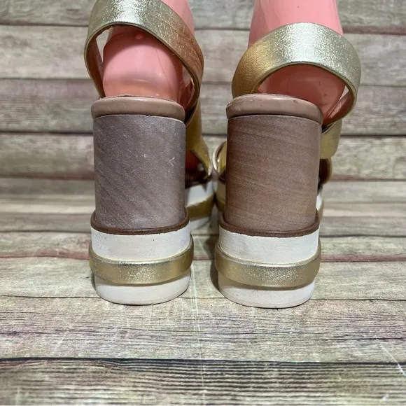 Paloma Barcelo Metallic Gold Wedge Strap Sandals