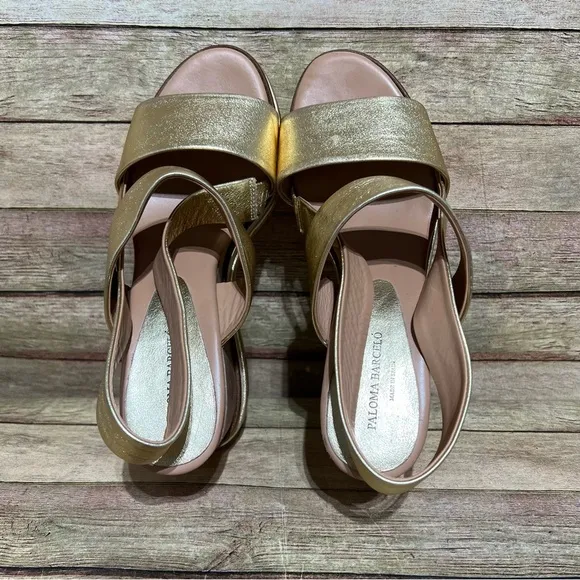 Paloma Barcelo Metallic Gold Wedge Strap Sandals