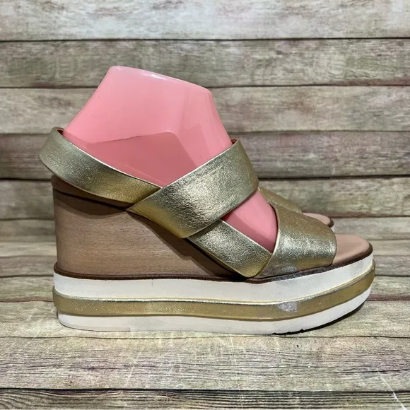 Paloma Barcelo Metallic Gold Wedge Strap Sandals