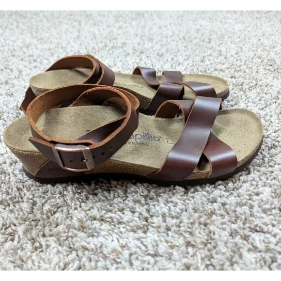 Papillio Birkenstock Lola Cognac Leather Sandals Ankle Strap Sz 39 Women's 8