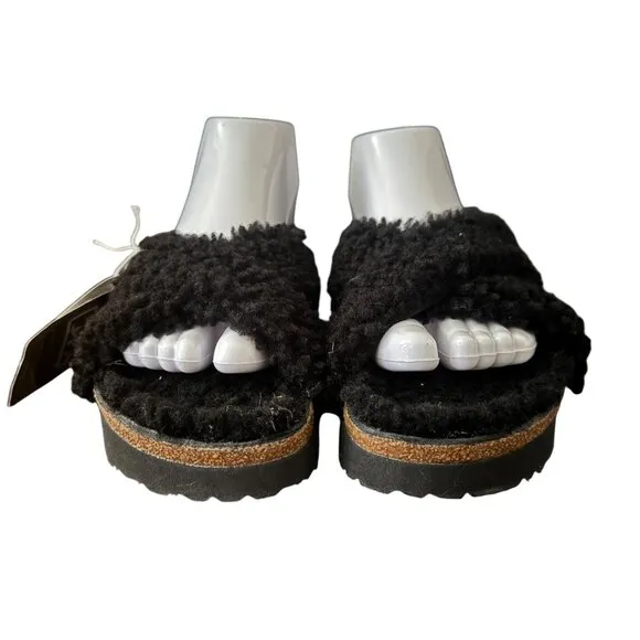 Papillio By Birkenstock Daytona Black Shearling Crisscross Sandals, Size 38 NWOB