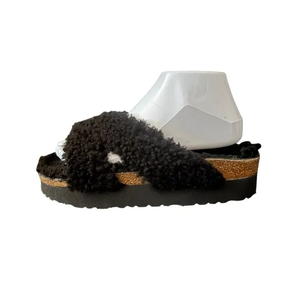 Papillio By Birkenstock Daytona Black Shearling Crisscross Sandals, Size 38 NWOB