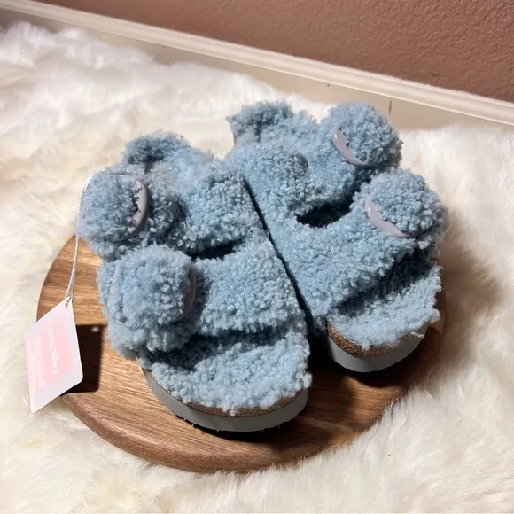Papillio x Birkenstock Shearling Arizona Buckle Strap Sandals Narrow Fit EU 38