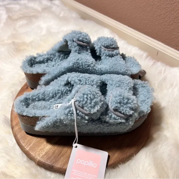 Papillio x Birkenstock Shearling Arizona Buckle Strap Sandals Narrow Fit EU 38