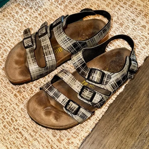 Papillo Birkenstock Gray Plaid Multi-Strap Buckle Sandals Size 7 Back strap