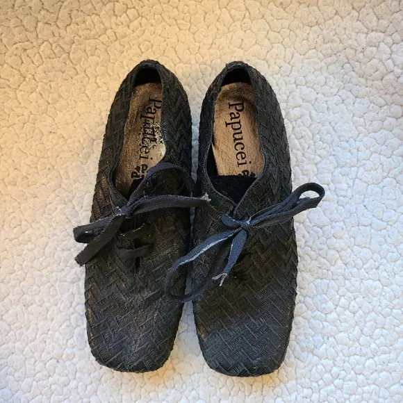 Papucei black textured square toe flats