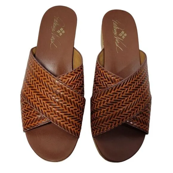 Patricia Nash Womens Sandals Size 8.5 M Luca Slip On Leather Slide Wedge Cognac