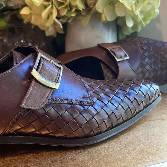 Paul Fredrick Woven Leather Monk Strap Loafers in Brown Leather