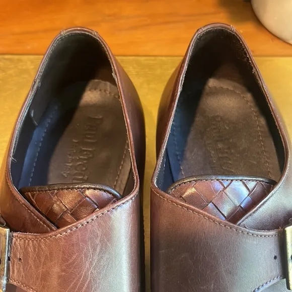 Paul Fredrick Woven Leather Monk Strap Loafers in Brown Leather