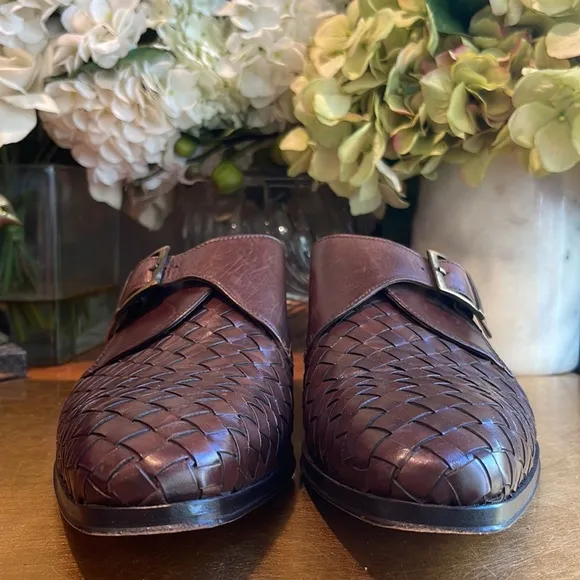 Paul Fredrick Woven Leather Monk Strap Loafers in Brown Leather