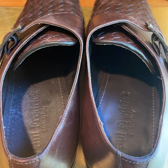 Paul Fredrick Woven Leather Monk Strap Loafers in Brown Leather