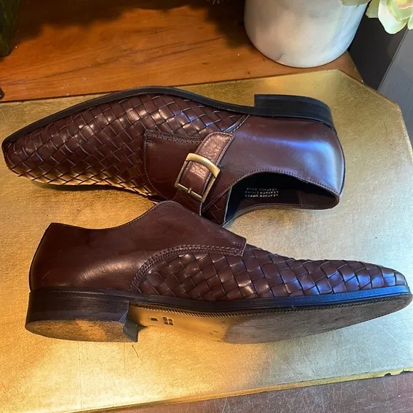 Paul Fredrick Woven Leather Monk Strap Loafers in Brown Leather
