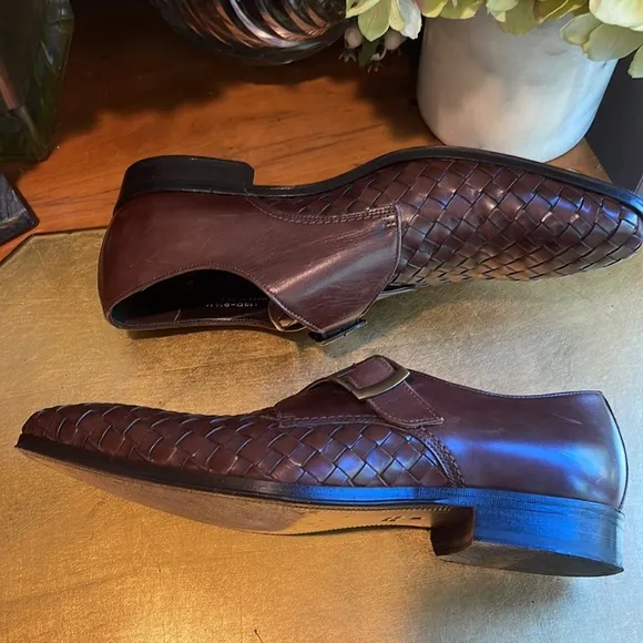 Paul Fredrick Woven Leather Monk Strap Loafers in Brown Leather