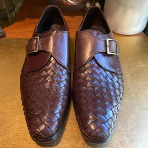 Paul Fredrick Woven Leather Monk Strap Loafers in Brown Leather