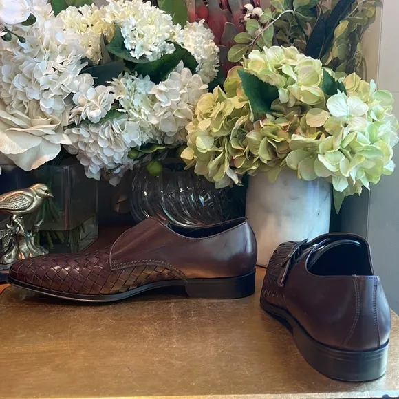 Paul Fredrick Woven Leather Monk Strap Loafers in Brown Leather