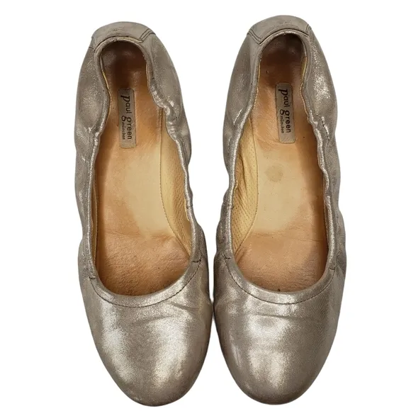 Paul Green | Champagne Metallic Leather Almond Toe Slip On Ballet Flats Women's
