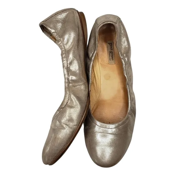 Paul Green | Champagne Metallic Leather Almond Toe Slip On Ballet Flats Women's
