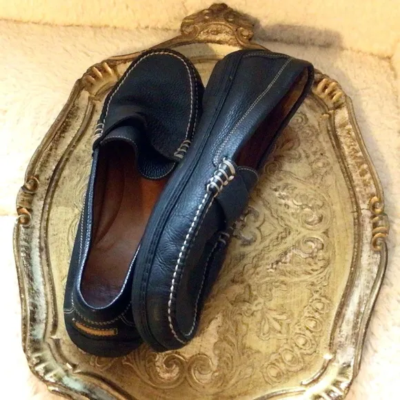 Peter Millar Pebbled Leather Loafers Flats Driving Shoes Navy with White Stitch