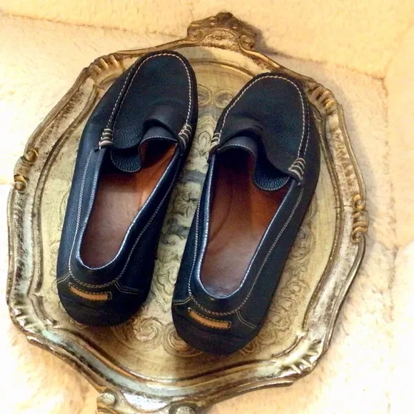 Peter Millar Pebbled Leather Loafers Flats Driving Shoes Navy with White Stitch