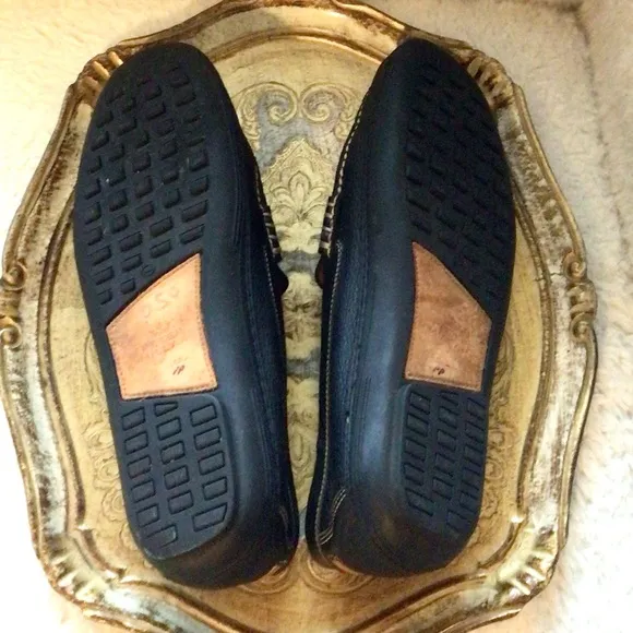 Peter Millar Pebbled Leather Loafers Flats Driving Shoes Navy with White Stitch