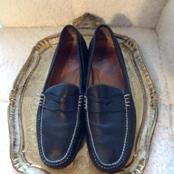 Peter Millar Pebbled Leather Loafers Flats Driving Shoes Navy with White Stitch