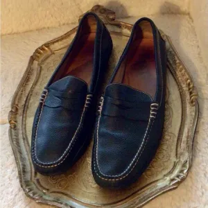 Peter Millar Pebbled Leather Loafers Flats Driving Shoes Navy with White Stitch