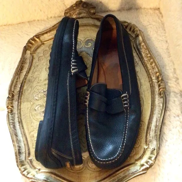 Peter Millar Pebbled Leather Loafers Flats Driving Shoes Navy with White Stitch