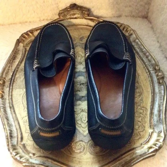 Peter Millar Pebbled Leather Loafers Flats Driving Shoes Navy with White Stitch