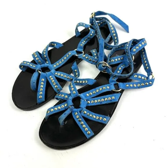 Pierre Hardy Sandals 37 Blue Gold Studded Suede Ankle Strap Strappy Womens