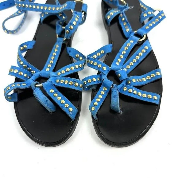 Pierre Hardy Sandals 37 Blue Gold Studded Suede Ankle Strap Strappy Womens