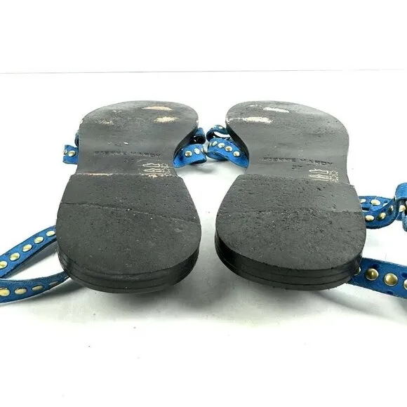 Pierre Hardy Sandals 37 Blue Gold Studded Suede Ankle Strap Strappy Womens