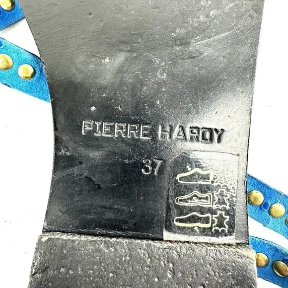 Pierre Hardy Sandals 37 Blue Gold Studded Suede Ankle Strap Strappy Womens