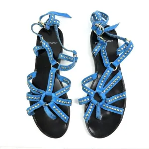 Pierre Hardy Sandals 37 Blue Gold Studded Suede Ankle Strap Strappy Womens
