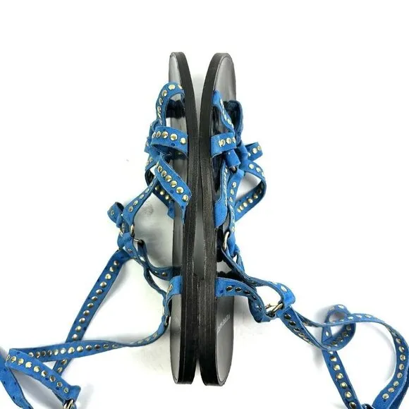 Pierre Hardy Sandals 37 Blue Gold Studded Suede Ankle Strap Strappy Womens