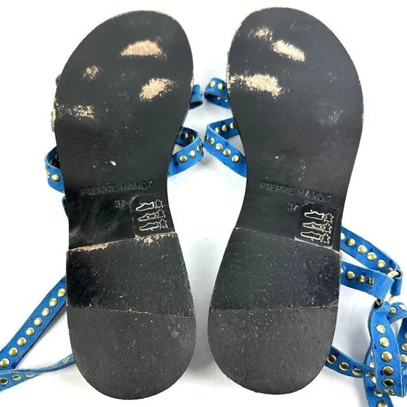 Pierre Hardy Sandals 37 Blue Gold Studded Suede Ankle Strap Strappy Womens