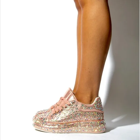 Pink Embellished Rhinestone Platform Sneakers
