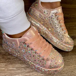 Pink Embellished Rhinestone Platform Sneakers