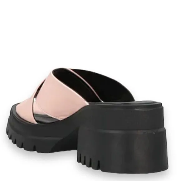 Pink Leather Crisscross Straps Slip On Heel Sandals NEW