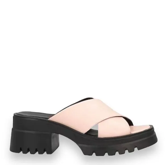 Pink Leather Crisscross Straps Slip On Heel Sandals NEW