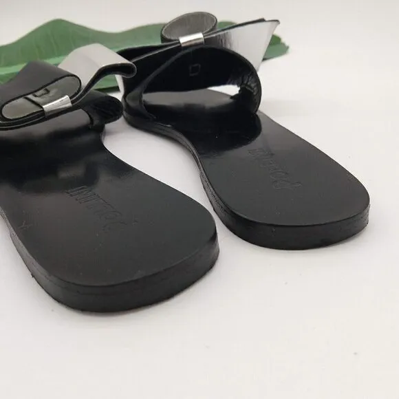 Pollini Italy Black Silver Slip On Bow Sandals Size 38 7 7.5 Metallic Open Toe
