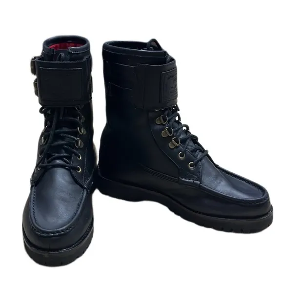 Polo Ralph Lauren Wolcott Black Oiled Leather Boots Sz 9‎