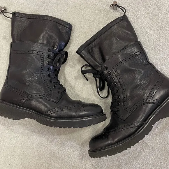 Prada Black Leather Combat Boots Size 7