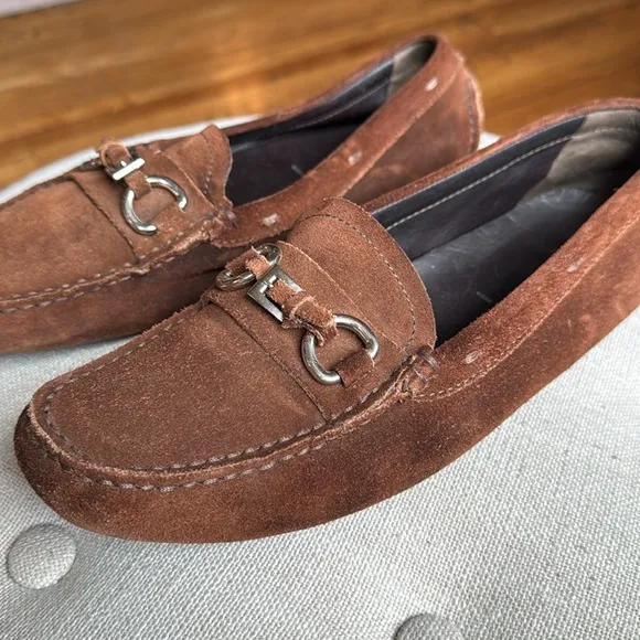 Prada Brown Suede Driving Loafers Silver Buckle Women's 37.5