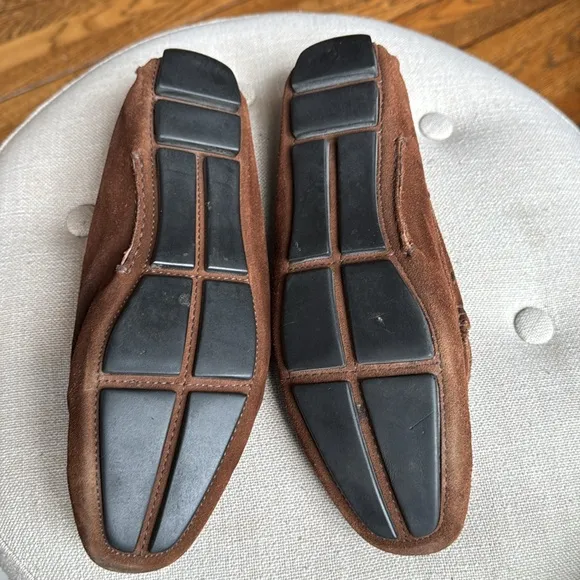 Prada Brown Suede Driving Loafers Silver Buckle Women's 37.5