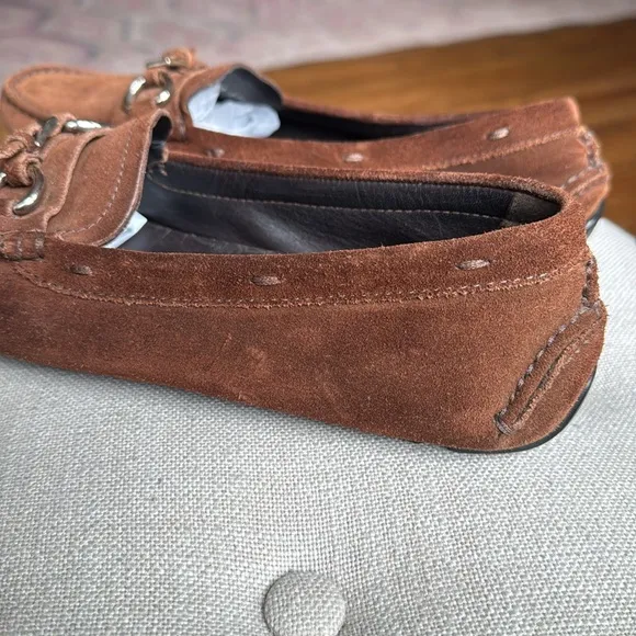 Prada Brown Suede Driving Loafers Silver Buckle Women's 37.5