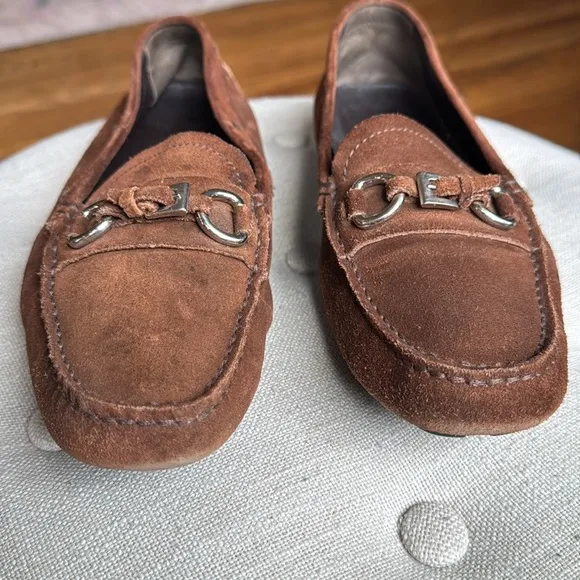 Prada Brown Suede Driving Loafers Silver Buckle Women's 37.5