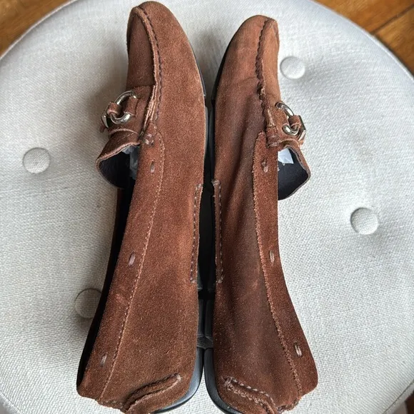Prada Brown Suede Driving Loafers Silver Buckle Women's 37.5