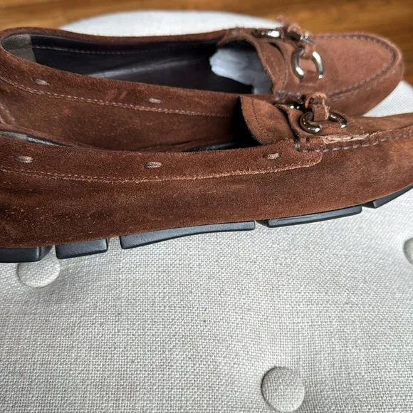 Prada Brown Suede Driving Loafers Silver Buckle Women's 37.5