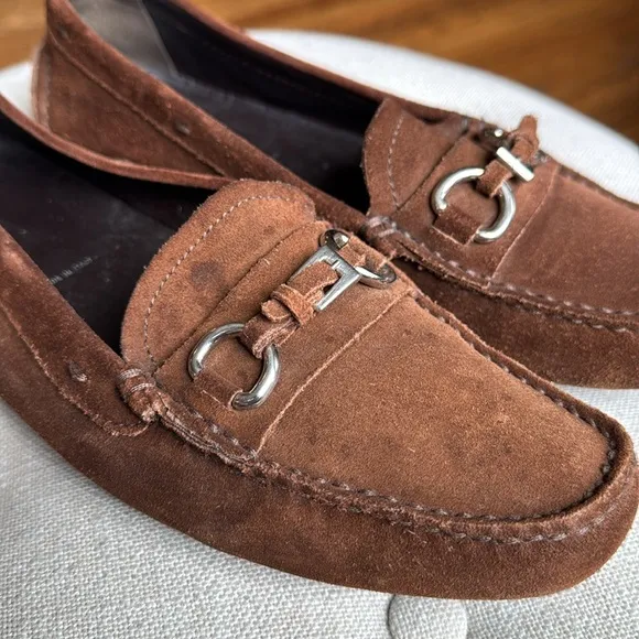 Prada Brown Suede Driving Loafers Silver Buckle Women's 37.5