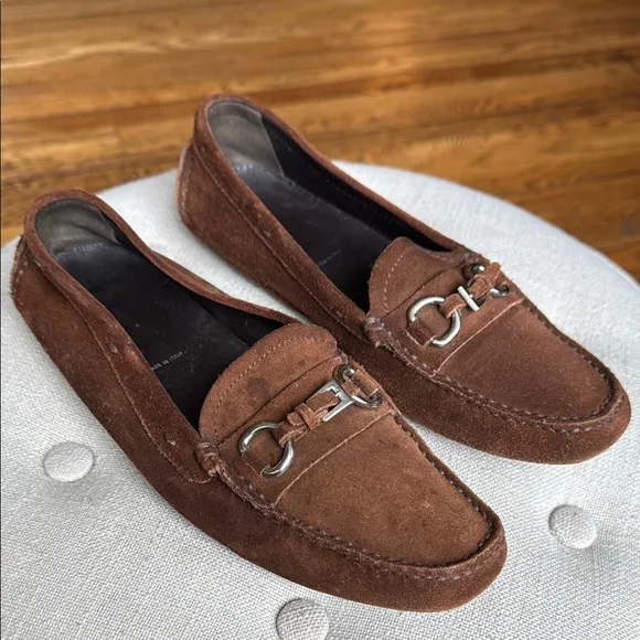 Prada Brown Suede Driving Loafers Silver Buckle Women's 37.5